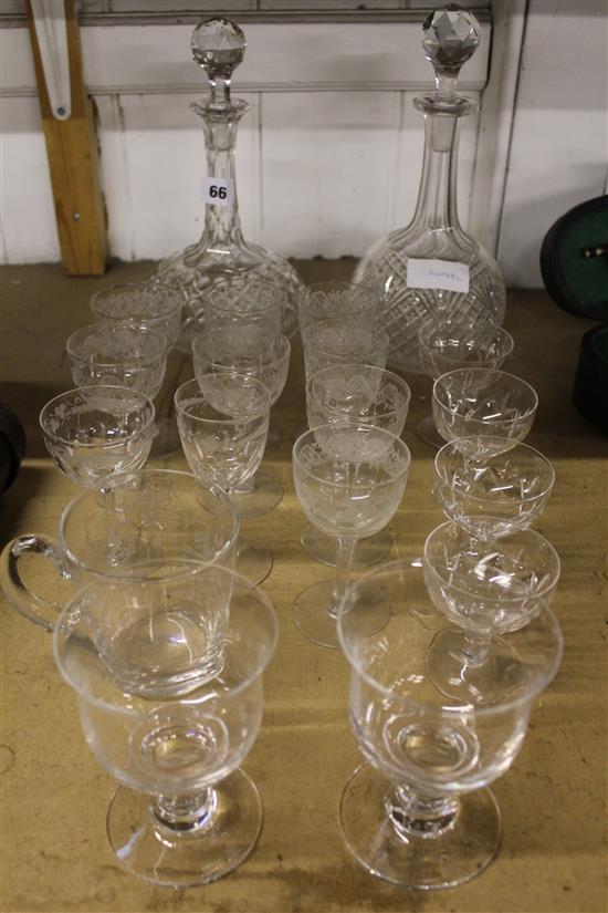 2 glass decanters & mixed glasses